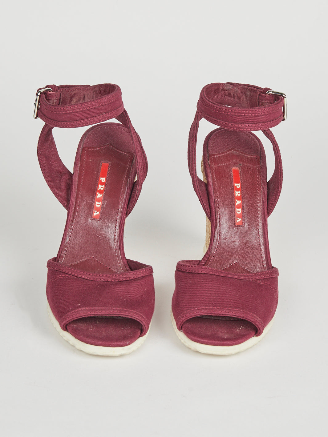 2010 Prada espadrilles in burgundy-colored open toe canvas with wedge