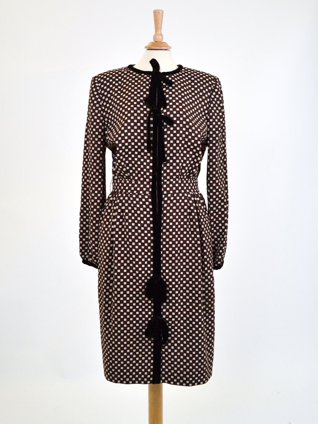 Valentino brown dress with floral beige pattern, 80s